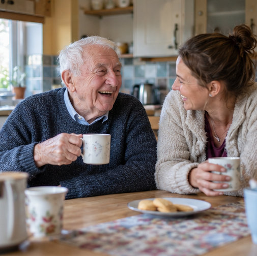 Two people enjoying a conversation over a warm drink