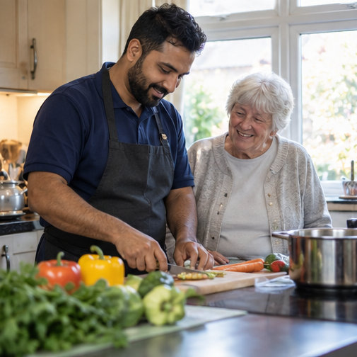 Two people preparing a meal at home