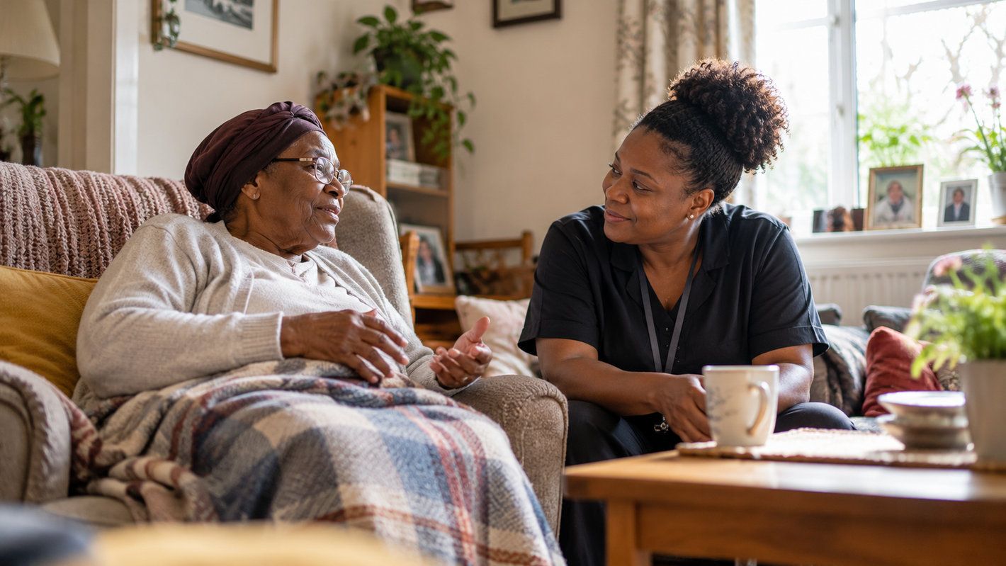 Two people sharing a relaxed, supportive moment at home