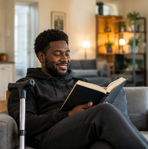 Person using a wheelchair comfortably at home