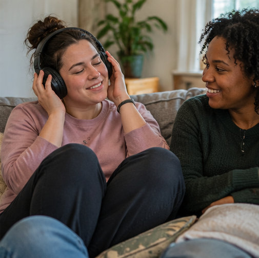 Two people enjoying time together in a comfortable home